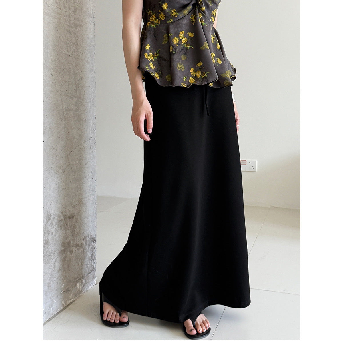 Korean version straight A-shaped skirt summer new high waist drawstring casual long dress hip umbrella skirt