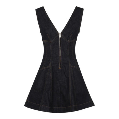 Denim Dress Women V-Neck Sleeveless High Waist A-Line Short