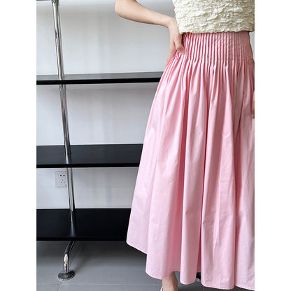 Pink high waist temperament design sense pleated big pendulum A-shaped skirt medium and long sweet umbrella skirt women