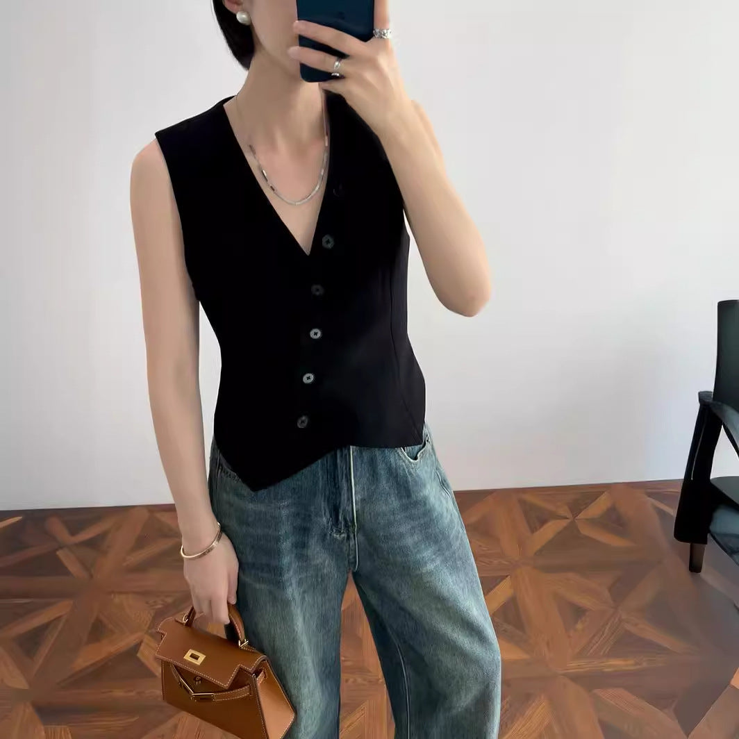 Spring and summer French retro fashionable versatile texture v-neck sleeveless old money style suit vest short top