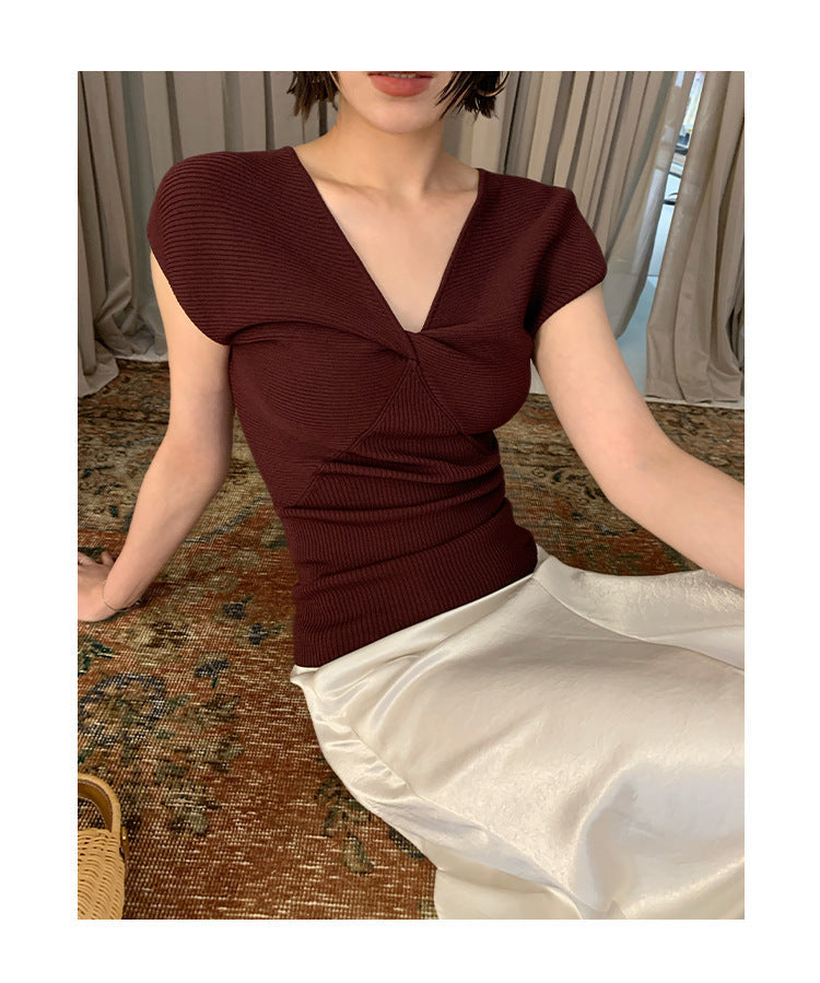 Elastic pit strip short-sleeved knitted slim kink v-neck top S578