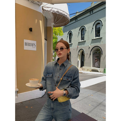 Early spring retro Hong Kong style pants, thin fashion washed denim suit