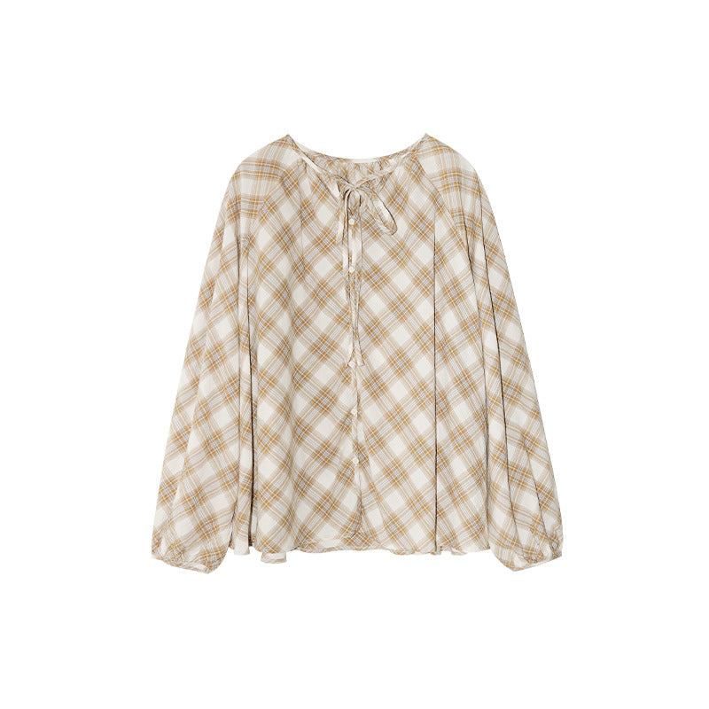 Loose Lace-Up Crew Neck Single-Breasted Long-Sleeve Checked Shirt
