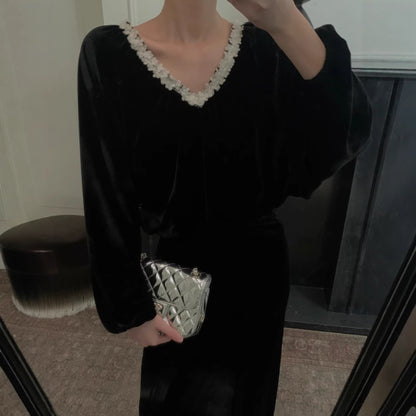 Vintage loose long-sleeved design halter v-neck velvet sweater