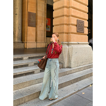 Vintage drape slim loose high waist straight wide-footed jeans