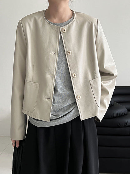 Crew neck Korean single-breasted short leather jacket for women