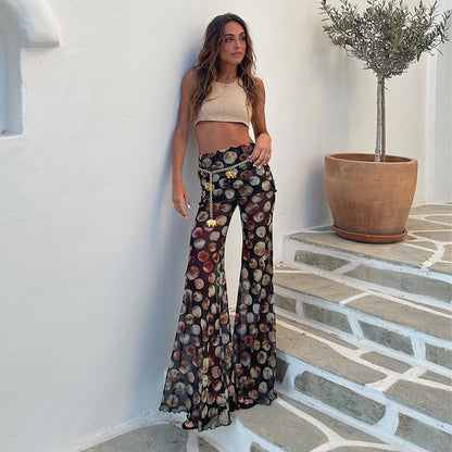 High-Waisted Mesh Print Pants