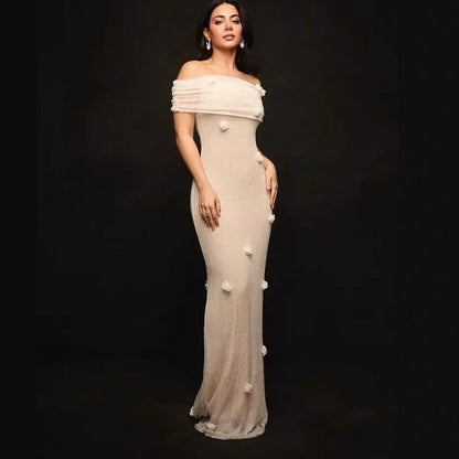 New holiday style tube top long dress design sense slim flower word shoulder dress