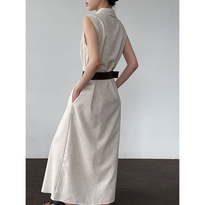 French temperament cotton and linen tooling shirt skirt with belt summer new waist sleeveless dress