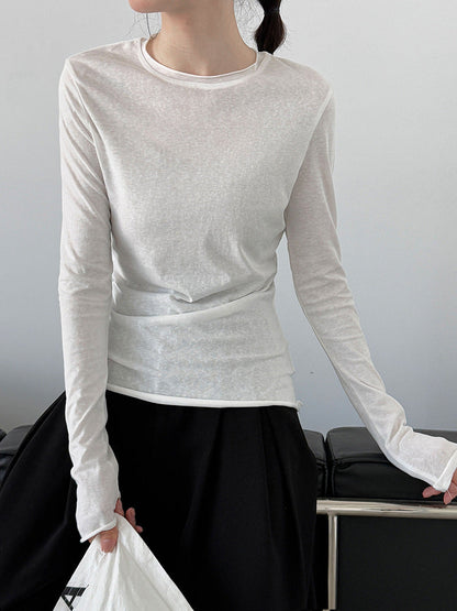 Korean versatile curled round neck T-shirt bottoming shirt women's autumn new long-sleeved slim-fit top