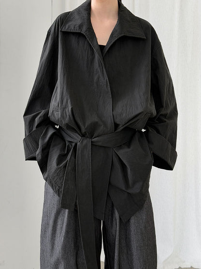 Korean lightweight texture silhouette straps thin trench coat women's autumn new lapel jacket