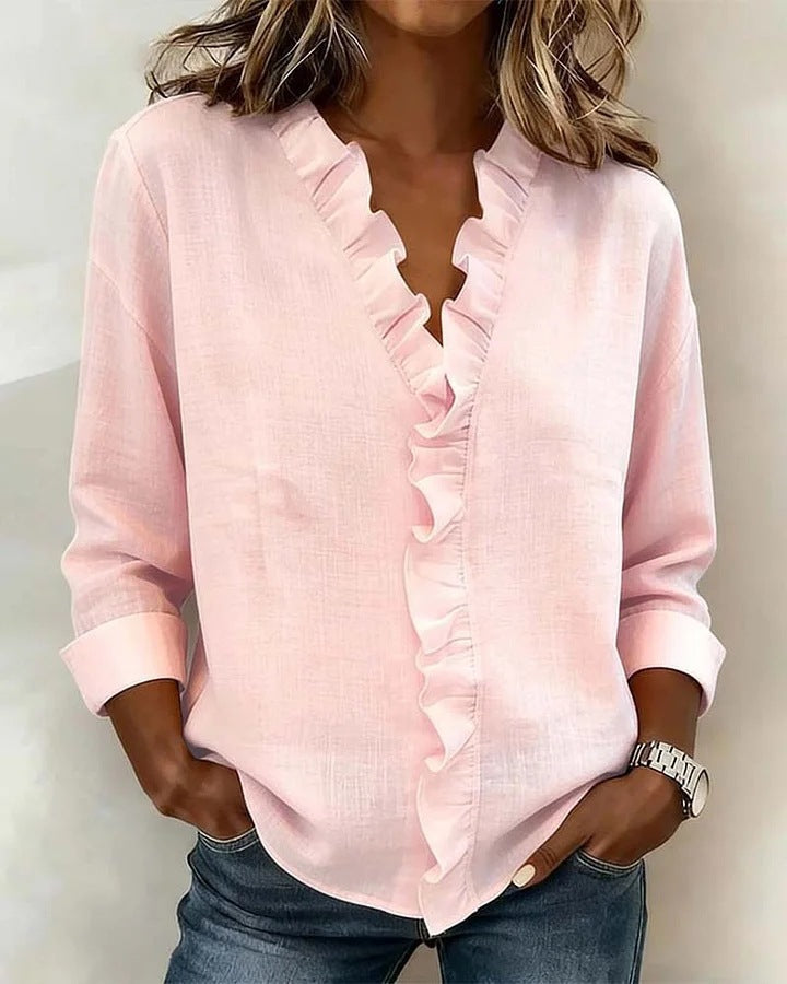 Spring women's fungus edge long-sleeved cotton shirt women's design sense spring new top shirt women's spring