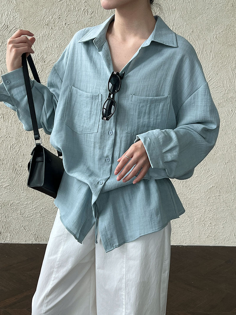 Texture lazy style shirt with waist drawstring women's summer new Korean light and thin long-sleeved shirt