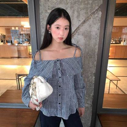 Vintage age-reducing ruffle edge striped long-sleeved suspender shirt