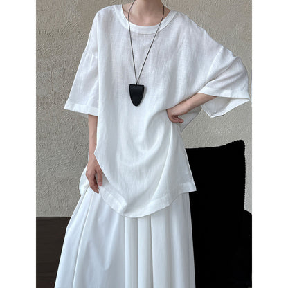 Lazy wind simple loose round neck T women's summer new back strap five-quarter sleeve short-sleeved top