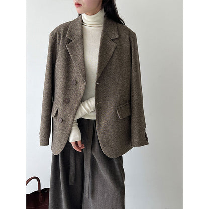 Minimalist high-end autumn and winter wool woolen blazer women's cropped texture tweed coat