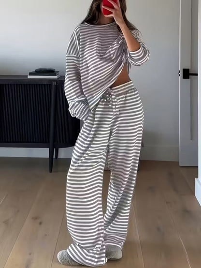 Striped Casual Two-Piece Set Women Long Sleeve Top High Waist Pants