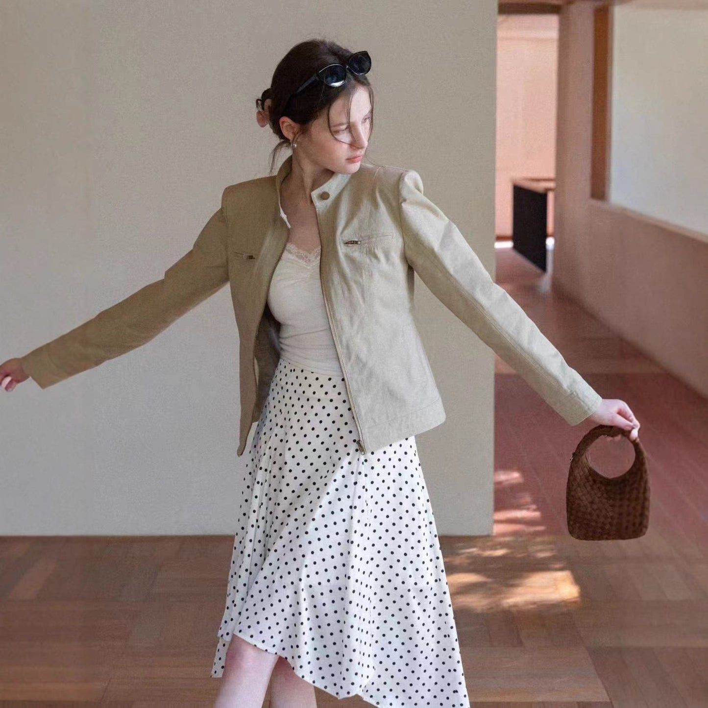 Summer retro fashion irregular a word polka dot skirt