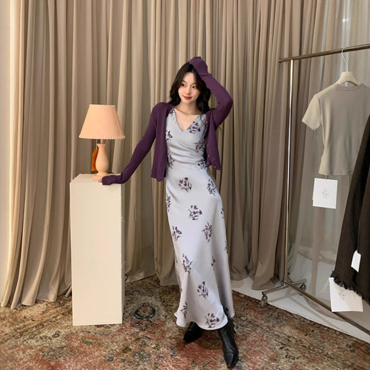 Autumn French elegant little woman temperament v-neck printed waist dress F6125