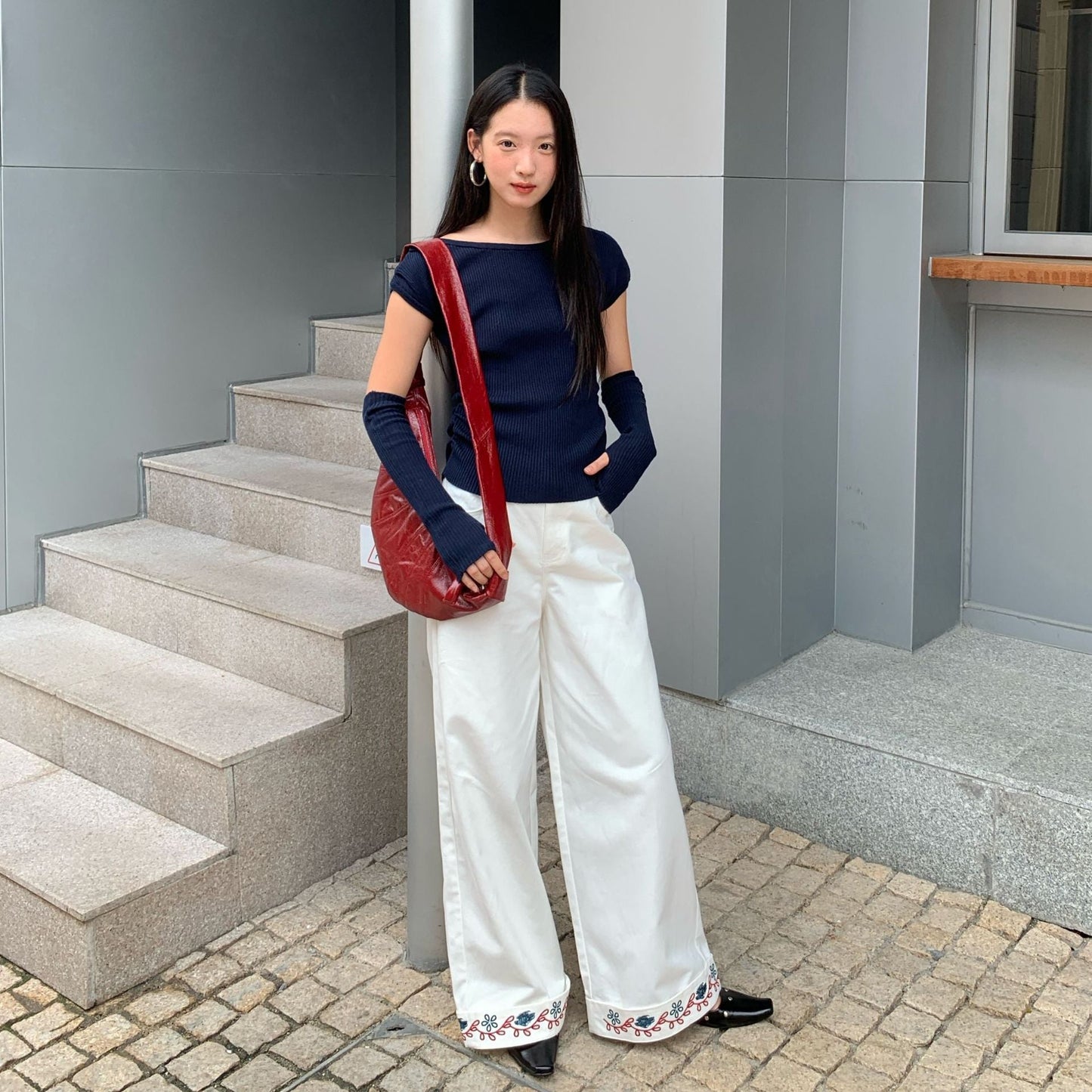 Straight trousers high waist embroidered hemmed slacks