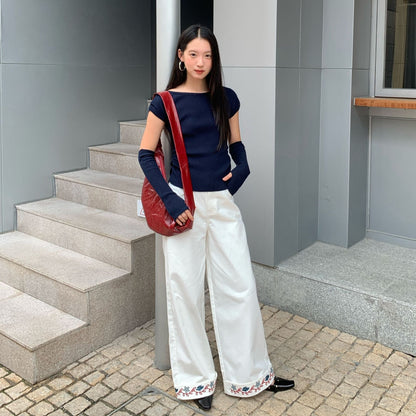 Straight trousers high waist embroidered hemmed slacks