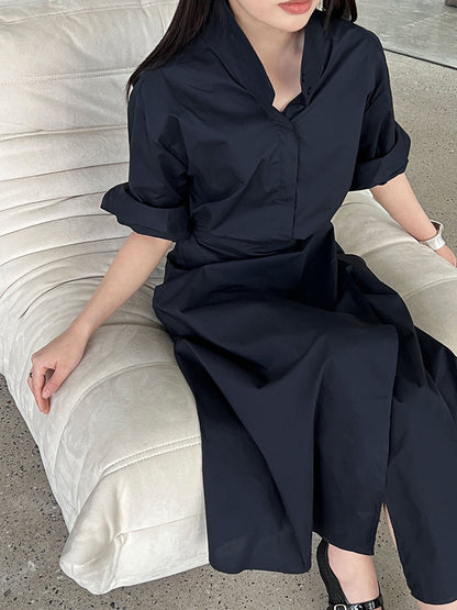 Korean version of the design sense lace-up V-neck waist dress women's summer new thin shirt long skirt