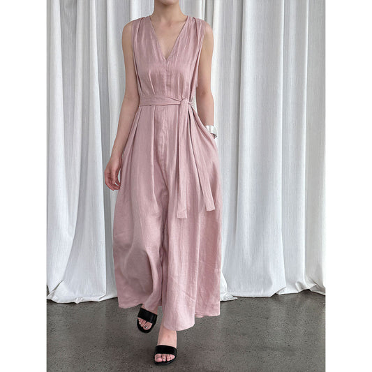 Korean chic niche design v-neck tank dress - new summer collection - 100% ramie waist-cinching dress