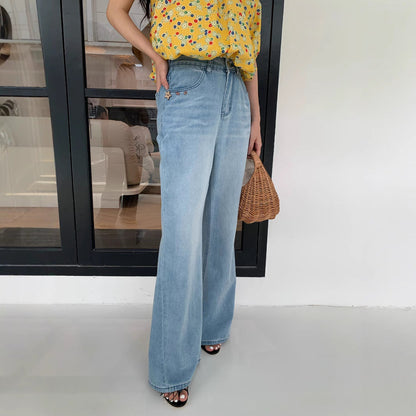 High waist polyester cotton slightly washed light blue jeans