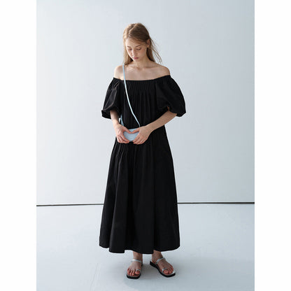 Summer new casual square collar cotton long loose tucker pleated long proportion dress