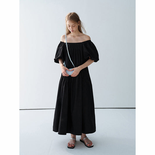Summer new casual square collar cotton long loose tucker pleated long proportion dress