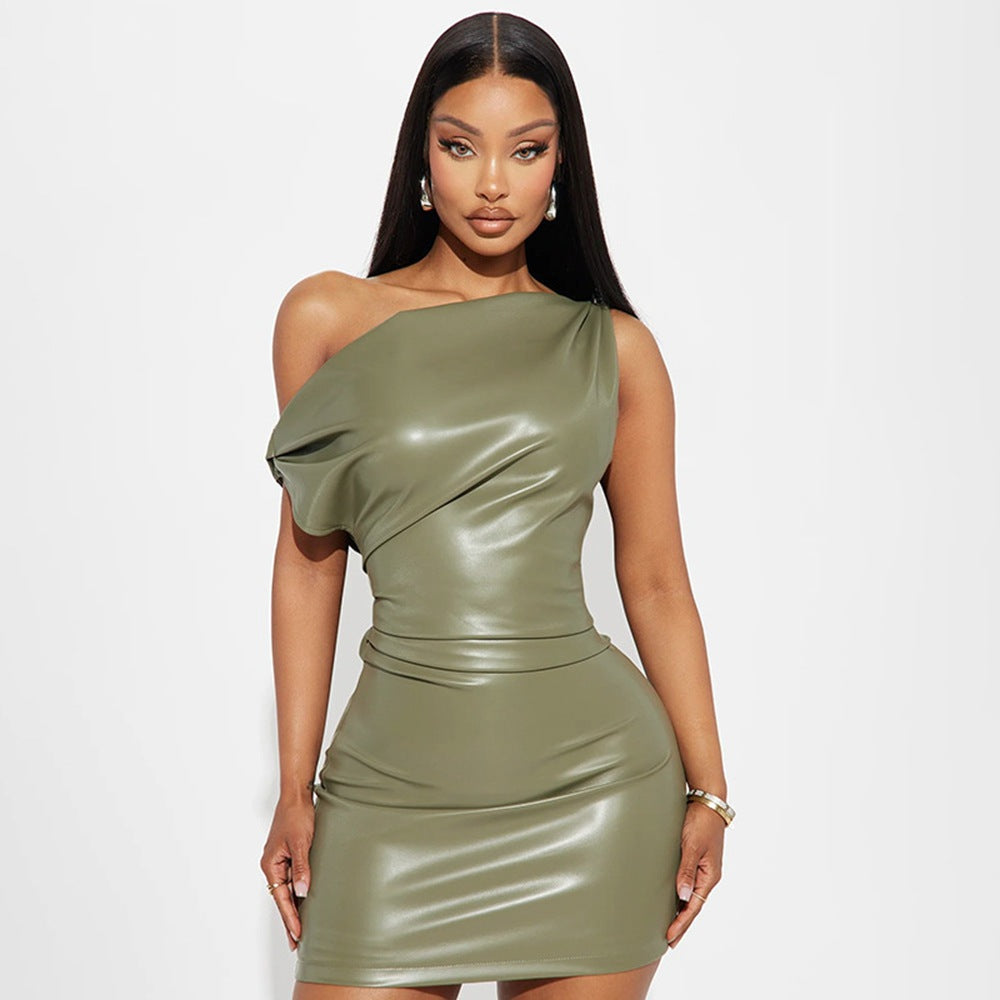 One-Shoulder PU Leather Mini Dress