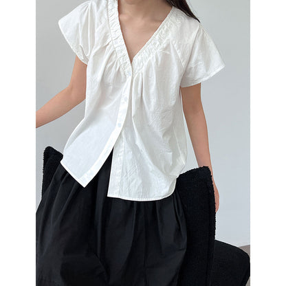 Korean V-neck lace flying sleeves short sleeves women's summer new thin short simple cardigan top