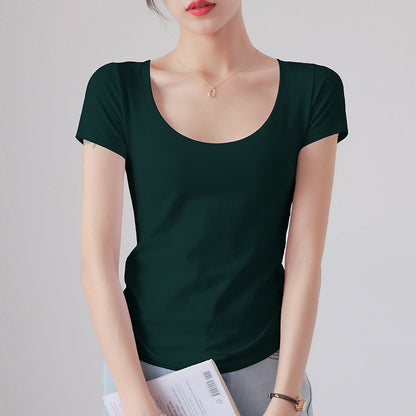 Round Neck Short Sleeve T-Shirt Women Slim Fit Cotton Base Layer Top