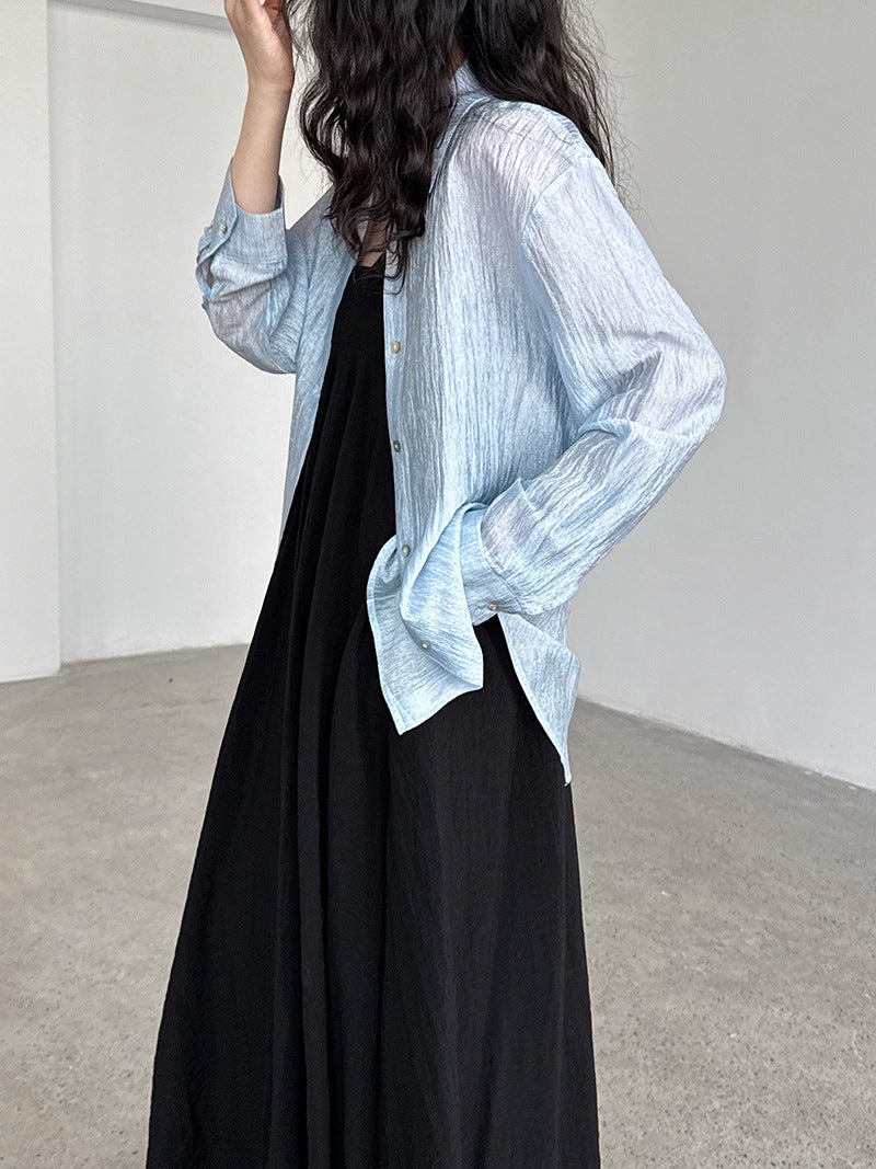 Korean simple texture glossy see-through shirt women's summer new sunscreen pearlescent cardigan jacket