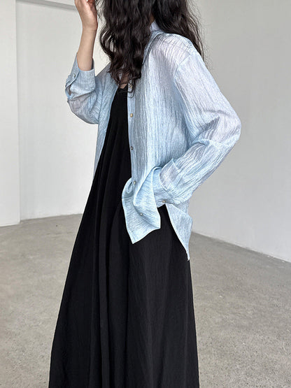 Korean simple texture glossy see-through shirt women's summer new sunscreen pearlescent cardigan jacket