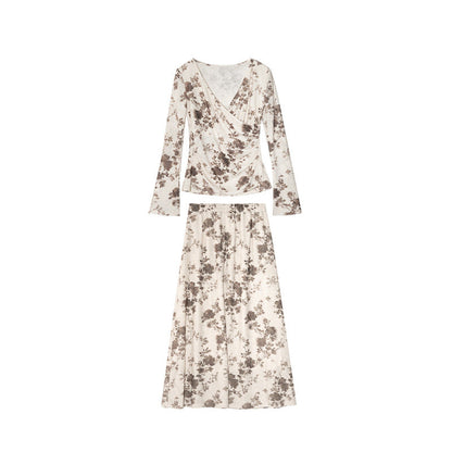 Vintage Premium Printed Long Sleeve Two-piece Set Floral Skirt Set