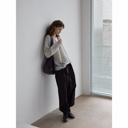 Natural yarn Mohai wool neckline drawstring long sleeve simple loose knitted jumper