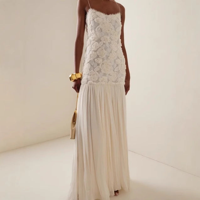 Women's new fashion celebrity chiffon long dress three-dimensional flower splicing suspender dress