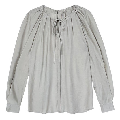 Tencel light and transparent neckline pleated lace-up shirt women's summer new shirt long-sleeved top