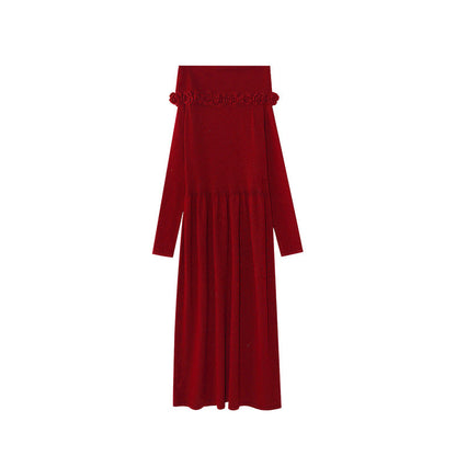 French tube top knitted dress women's one-word shoulder temperament sweater skirt