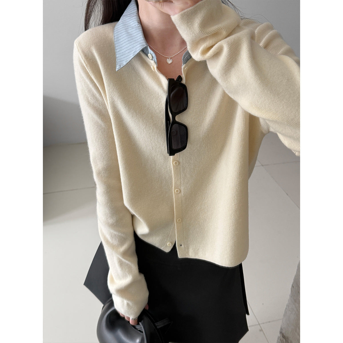 Fake two-piece splicing knitted cardigan women's Spring Festival lazy wind contrasting color shirt collar wide top