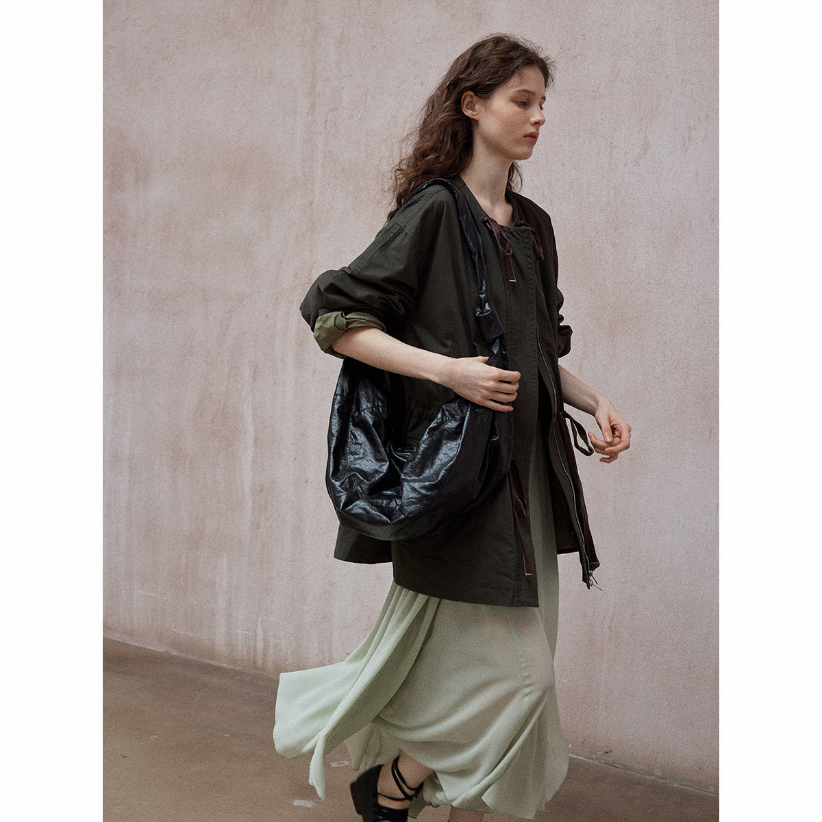 Washed cotton contrasting color drawstring loose round neck autumn new retro commuter jacket