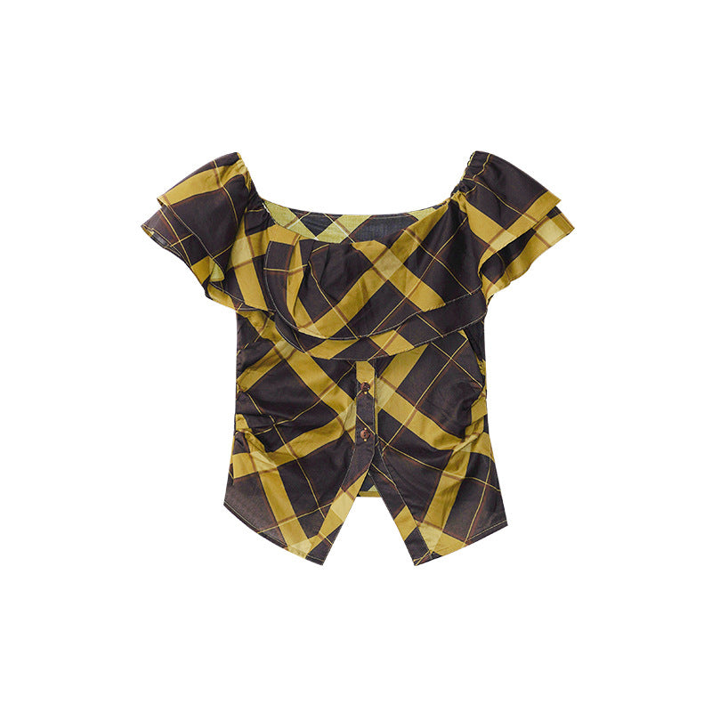 Camouflage ruffle edge one-word off-the-shoulder short-sleeved shirt women