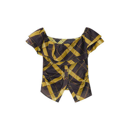 Camouflage ruffle edge one-word off-the-shoulder short-sleeved shirt women