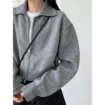 High-end short double zipper sweater jacket women's autumn knit cardigan polo lapel top