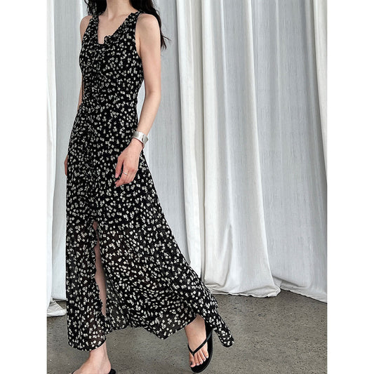 French floral seaside resort sundress summer new slimming V-neck lace halterneck dress