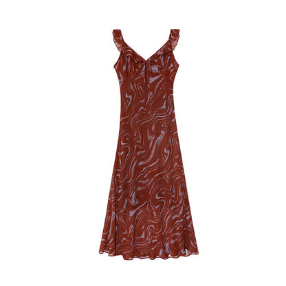 Spring French retro wavy edge lace-up v-neck sleeveless suspender dress