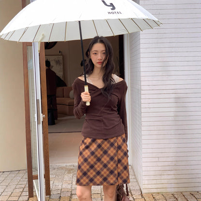 Hip Wrap Waist Buckle Design Plaid Coffee Skirt Women