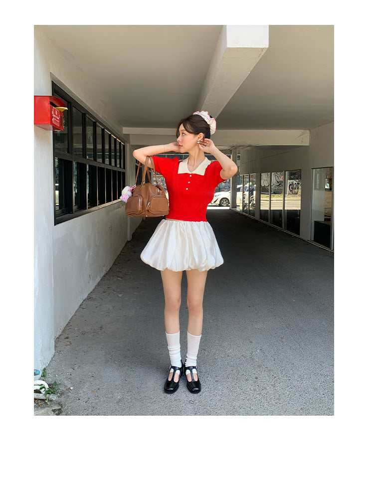 College Fashion Commuter Lapel Short Sleeve Knitwear
