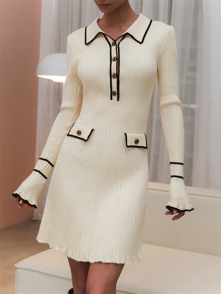 Lapel Long Sleeve Dress Women High Waist Color Block Knit Midi